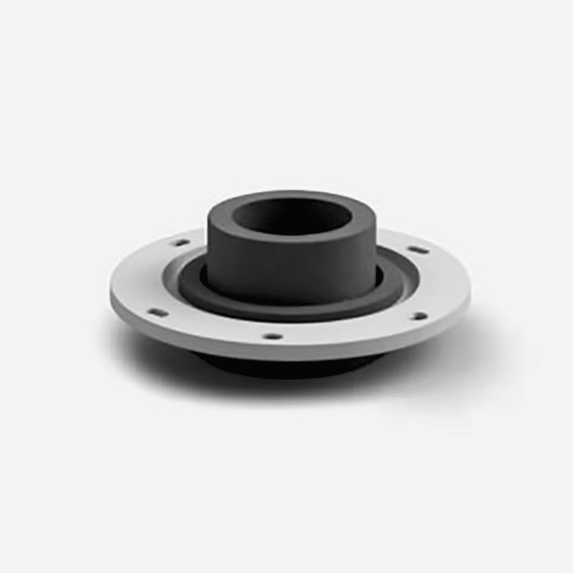 A metal and black plastic flange created using injection molding on a white background.