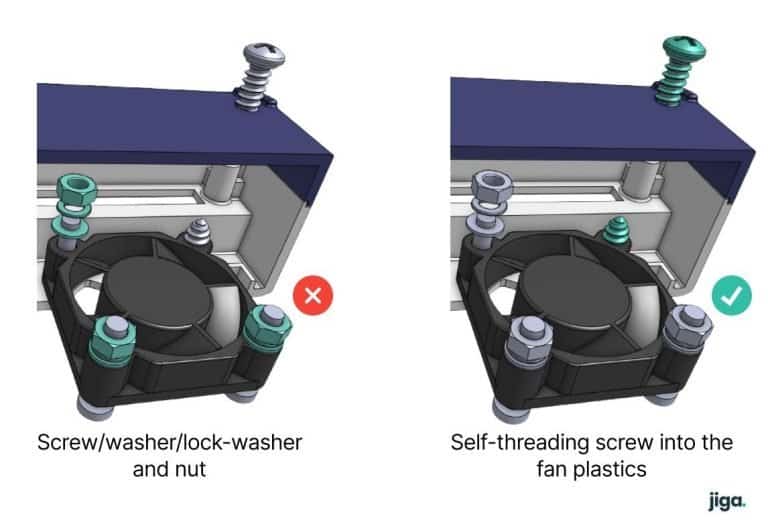 Screw/washer/lock-washer and nut vs a self threading screw into the fan plastics