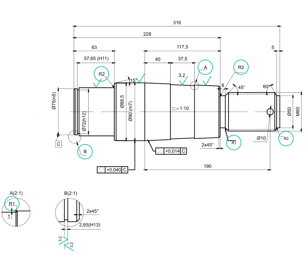 Engineering drawing showing surface finishes