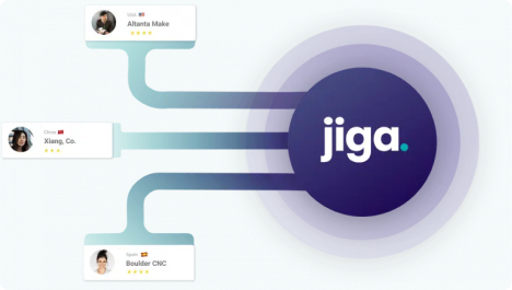 Graphic representation of a network or platform named "jiga" connected to user profiles from different companies.