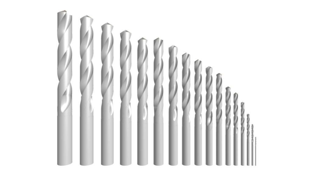 A set of drill bits for aluminum machining is meticulously arranged in ascending order on a pristine white background.