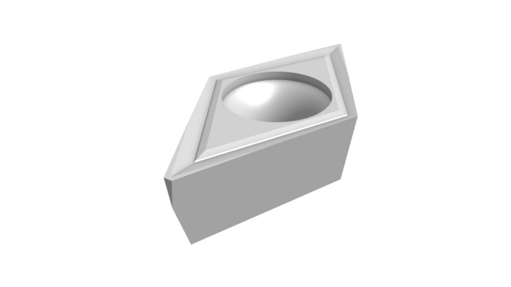 A 3D rendering of a geometric object crafted through aluminum machining, featuring a sloped rectangular base with a smooth, rounded indentation on the top surface.