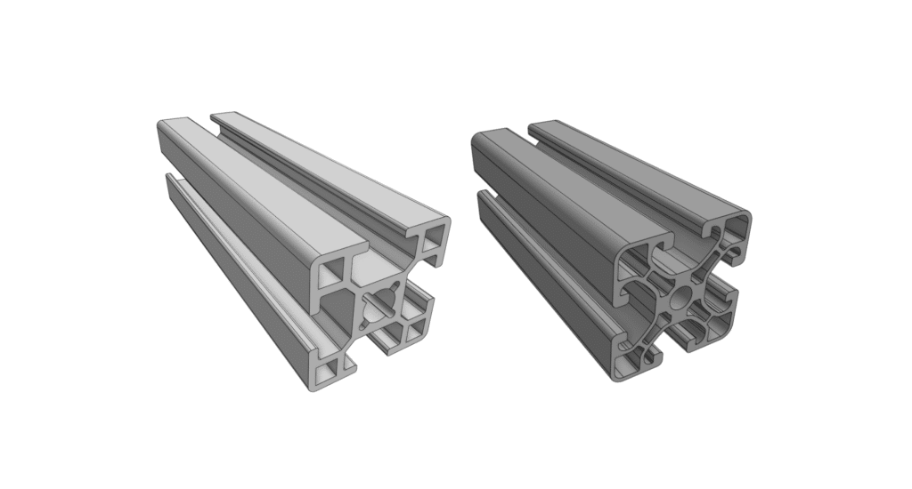 Side-by-side comparison of two extruded parts: one with a simple profile and the other featuring double wall diagonals to enhance structural stiffness without changing material.