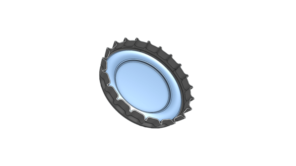 Bottle cap diagram showcasing overmolding vs. insert molding, with an overmolded rubber seal on the outer rim and a metal insert at the center