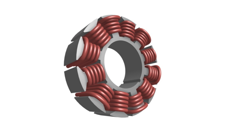 A 3D model of a circular object featuring red coils wrapped around a gray core, resembling an electric motor component, showcases lightweight parts design.