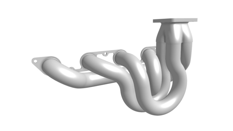 an exhaust manifold with four curved pipes converging into a single outlet showcases a lightweight parts design,