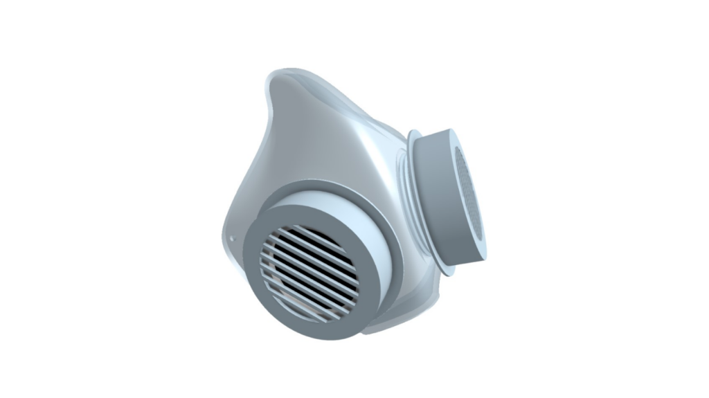 A 3D-rendered gray respiratory mask with an overmolded, round vented filter attachment on the front.