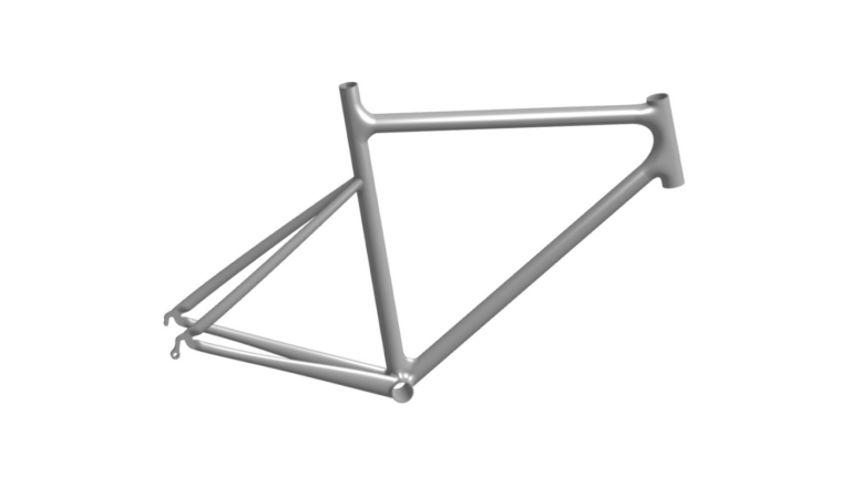 Sleek silver metallic bicycle frame with a lightweight design