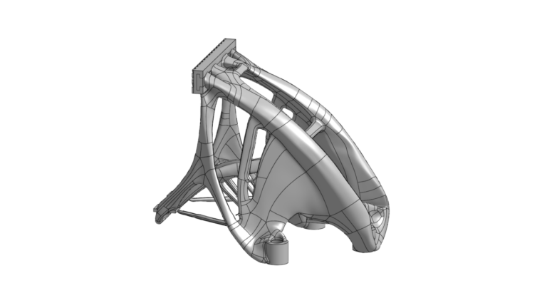 vise frame with a complex, futuristic structure featuring a web-like design, enhanced by lightweight parts and multiple curved, interwoven supports.