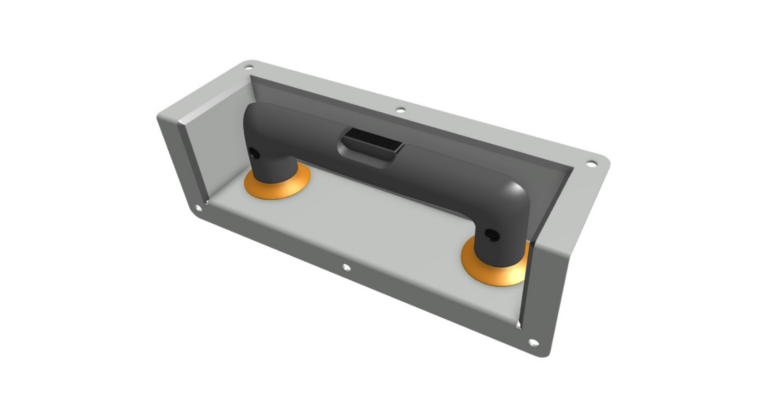 A 3D-rendered image of a rectangular gray mounting bracket with a black handle secured by two yellow circular bases.