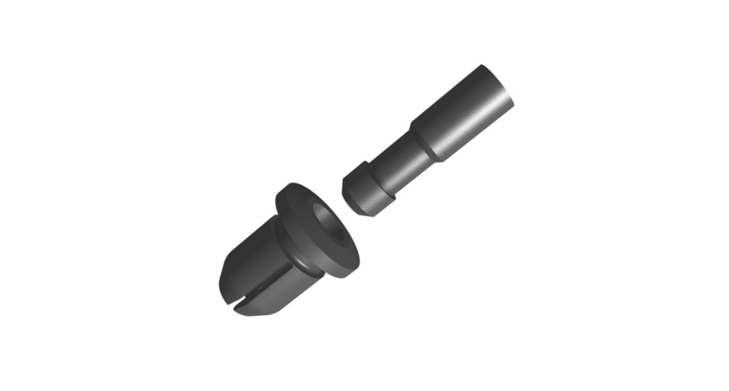 Two cylindrical fasteners aligned on a white background, with one piece featuring a flange and slot, and the other a stepped shaft.