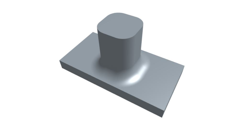 A 3D rendering of a gray rectangular base with a rounded rectangular post protruding vertically from its center.