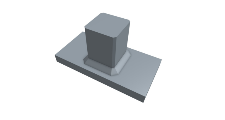 3D model of a rectangular base with a vertical rectangular column protruding from its center, joined by a beveled fillet.
