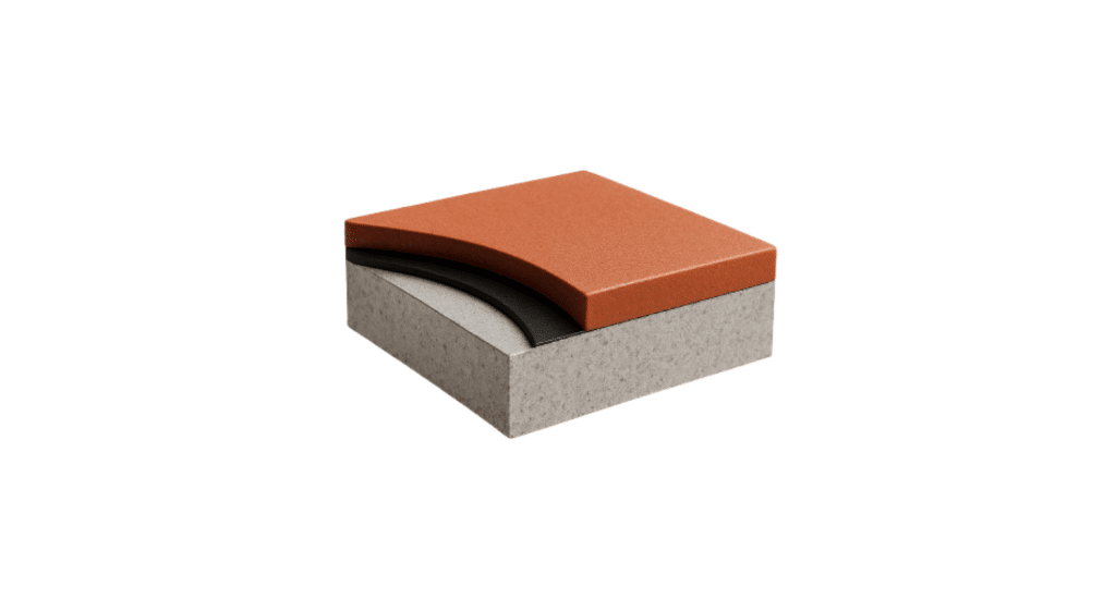 A cross-section of a layered material, featuring a red top layer, a curved black middle layer, and a grey base layer.