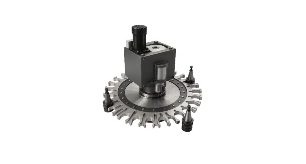 A metal CNC tool changer designed for cnc milling and cnc turning, featuring multiple tool holders in a circular pattern and a central motorized unit, isolated on a white background.