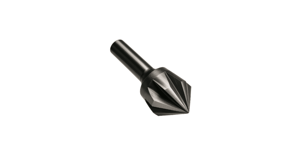 A metal countersink drill bit with a conical, multi-fluted cutting head and a cylindrical shank, isolated on a white background.