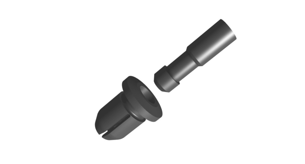3D rendering of two black cylindrical mechanical parts, one with a slotted end and the other with a stepped shaft, shown separated on a white background, resembling components used with rivets in mechanical assemblies.