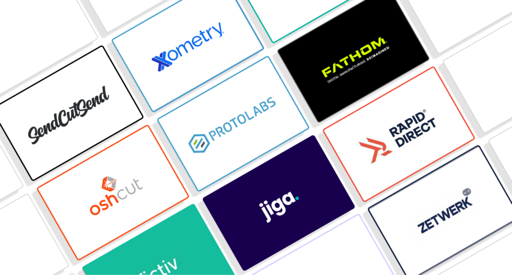 A grid of various manufacturing company logos, including Xometry, SendCutSend, Fathom, and other top protolabs alternatives like Rapid Direct, Oshcut, Jiga, and Zetwerk.