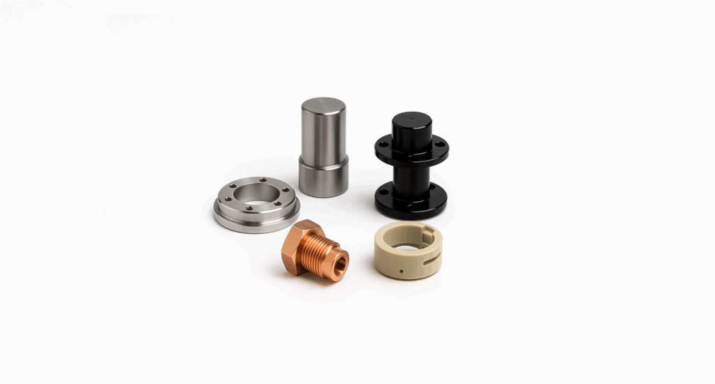 Different parts with different metal and plastic types in cnc machining