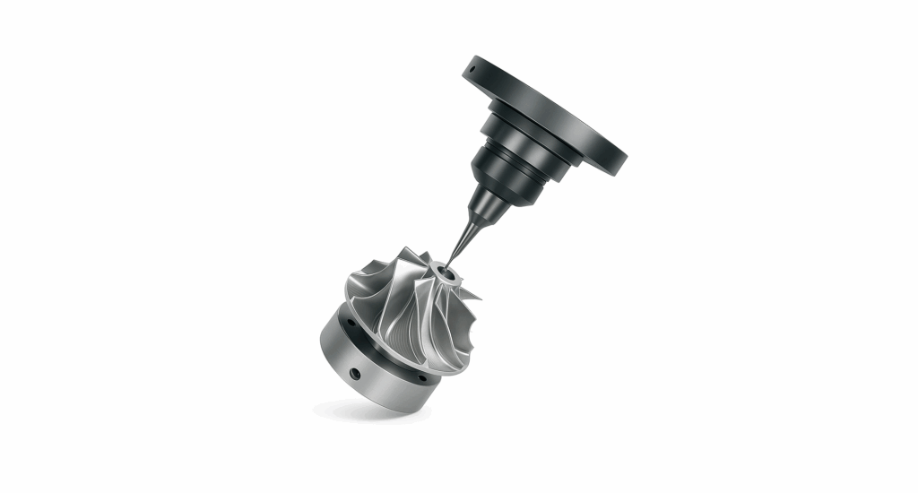 A 5 axis CNC machining tool creates precise cuts in a metal turbine component against a white background.