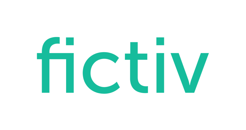 The image shows the word "fictiv" in lowercase, bold, sans-serif turquoise letters on a black background.