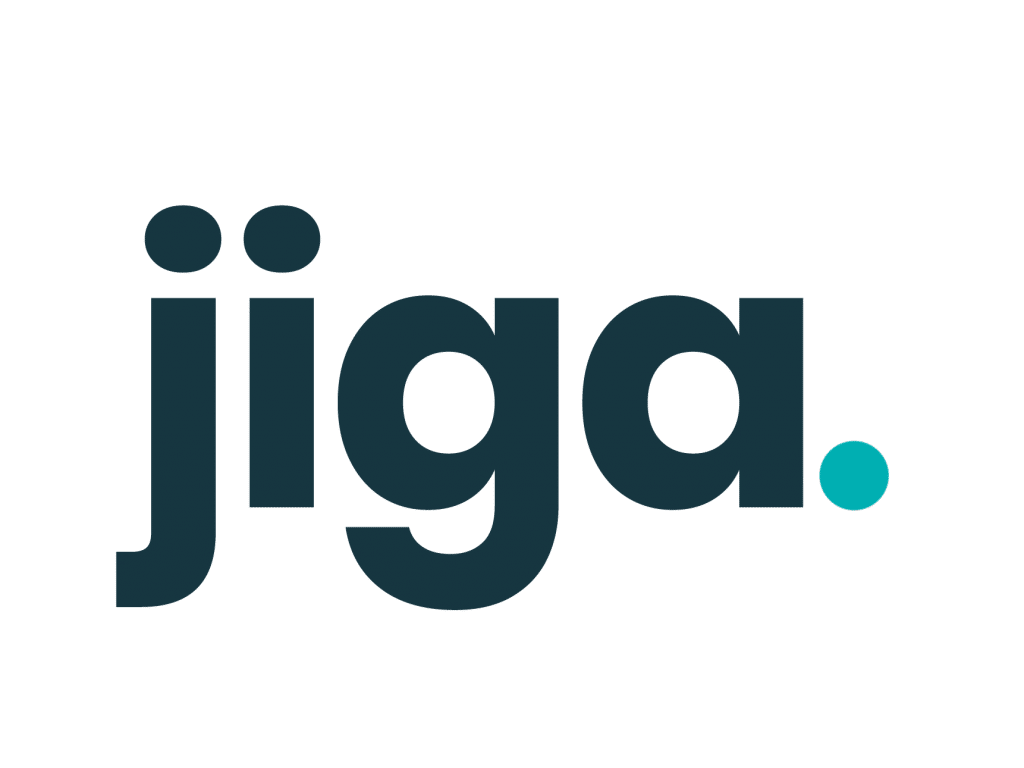 The word "jiga" is displayed in bold, dark teal lowercase letters with a teal period at the end on a light gray background.
