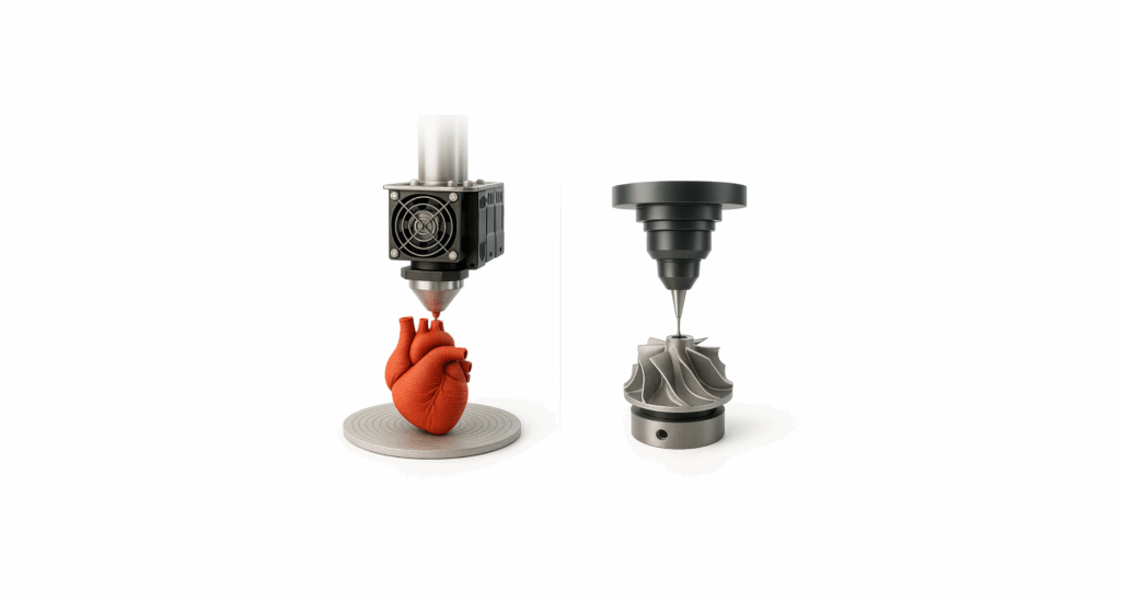 A 3D printer creates a human heart model on the left and a mechanical part on the right, highlighting the diverse applications of 3D printing and how it compares to cnc machining vs 3d printing in various industries.