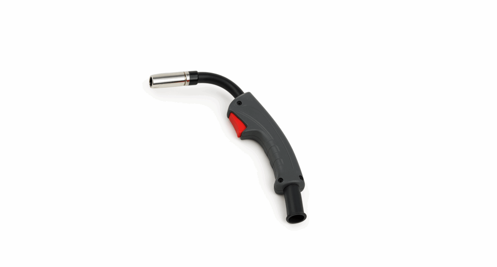 A MIG welding torch, used in what is MIG welding, features a curved black handle, red trigger, and metallic nozzle, isolated on a white background.