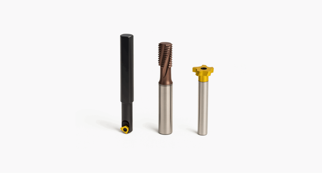 Three different precision metal cutting tools with cylindrical handles for thread turning and thread milling