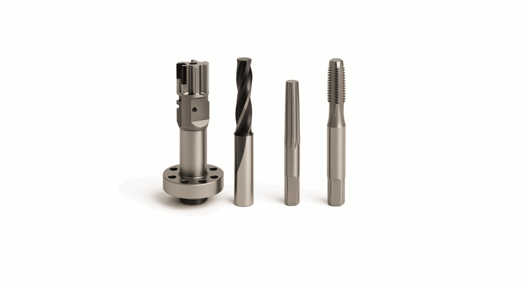 Four metal machining tools—counterbore, drill bit, reamer, and tap—stand upright in a row on a white background, highlighting the differences between boring vs reaming in precision metalworking.