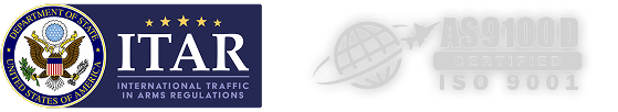 ITAR logo with U.S. Department of State seal and text: "International Traffic in Arms Regulations." Faded logo for AS9100 and ISO 9001 certification in the background.