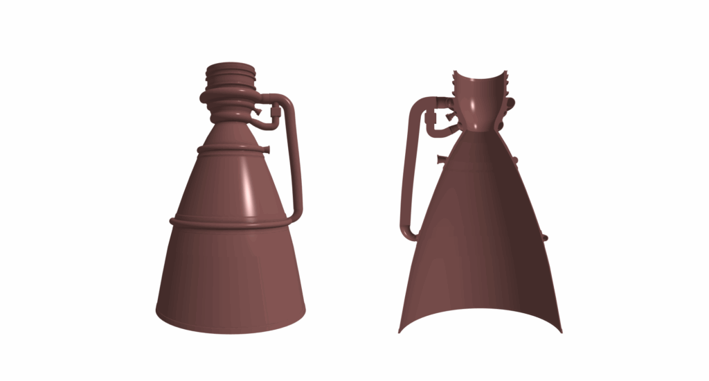 Two brown 3D-rendered rocket engine nozzles are shown on a white background—one fully displayed, the other sliced in half—highlighting how Aerospace CNC Machining ensures the precision parts crucial to the aerospace industry.