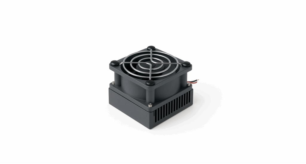 A black electronic cooling fan with a metal protective grill and visible wiring, mounted on a square heatsink—essential for those wondering what is heat sink technology—set against a white background.