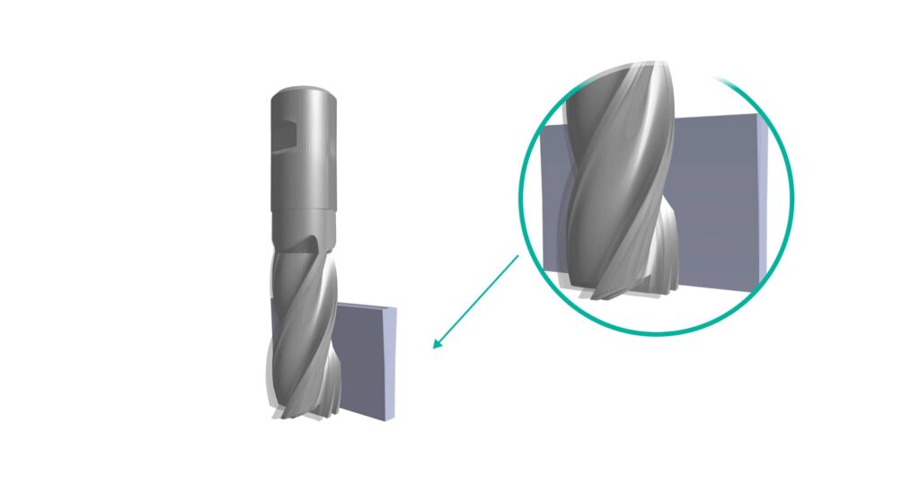 A computer-generated image shows a milling cutter approaching a metal workpiece, with a magnified view highlighting the cutting edges in contact with the material, emphasizing the importance of part tolerances for CNC machining.