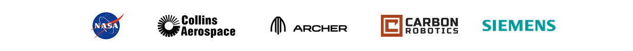 Logos of five leading hardware companies—NASA, Collins Aerospace, Archer, Carbon Robotics, and Siemens—displayed in a row on a white background.