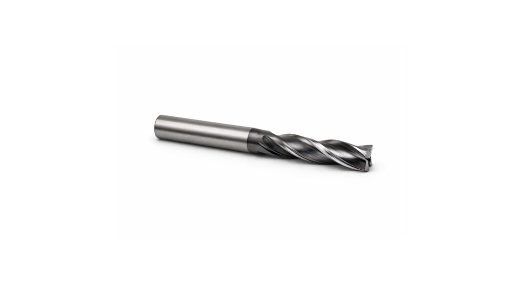 A metal end mill tool with a helical cutting edge, used for milling operations in machining, ensures precision and meets strict part tolerances for CNC machining.