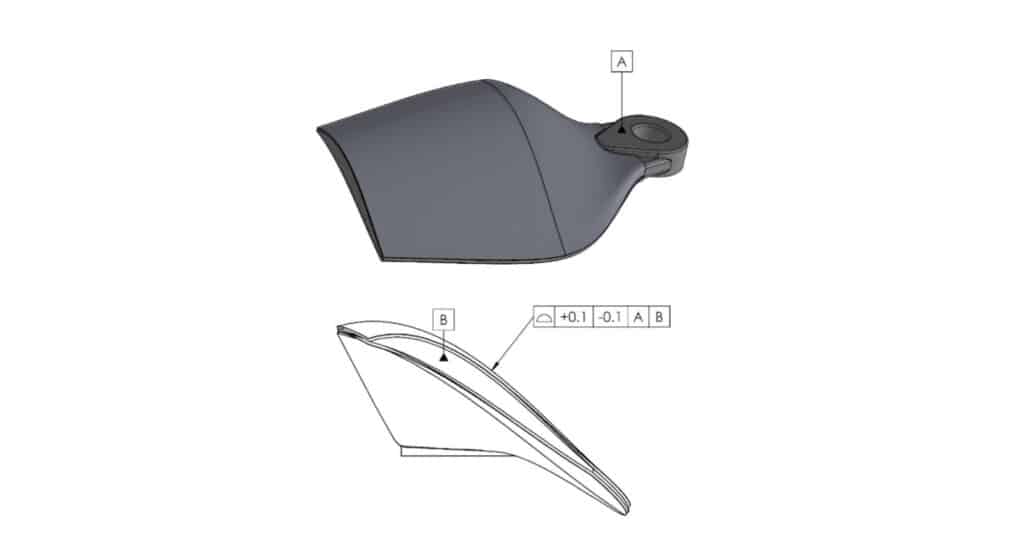 3D rendering and technical line drawing of a curved mechanical part, labeled with reference points A and B, highlighting part tolerances for CNC machining with a specification of +0.1, 0.1.
