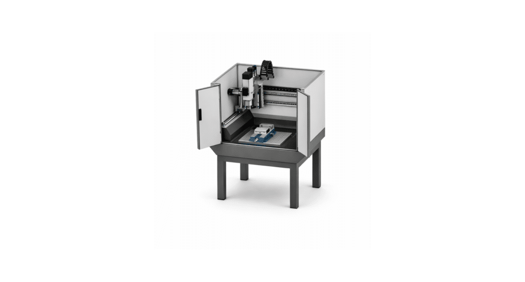 A small desktop CNC milling machine designed for high volume CNC machining stands on four legs, its open door revealing the interior workspace and attached vise.