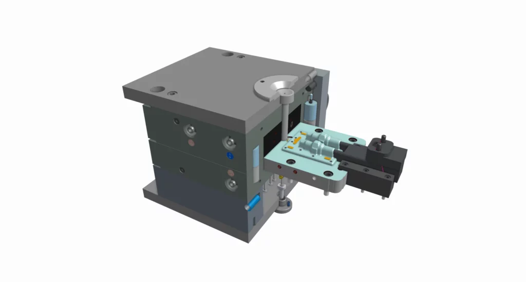 3D rendering of an industrial injection mold tool with components partially separated, revealing internal mechanisms and mold cavity—ideal for understanding compression molding vs injection molding processes.