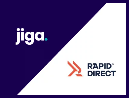 Logos of Jiga (white text on dark background) and Rapid Direct (orange and black text on white background) are displayed on a diagonally split background, highlighting the Jiga vs RapidDirect comparison.