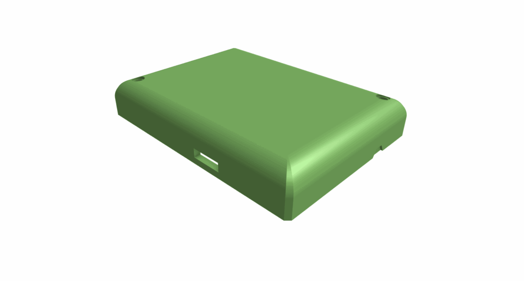 A green rectangular plastic enclosure with rounded edges, ideal for prototyping injection moldings, featuring a small rectangular opening on one side, photographed on a white background.
