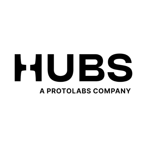 Hubs logo in black capital letters with the tagline "A Proto Labs Company" underneath, representing one of the top precision manufacturing solutions companies.