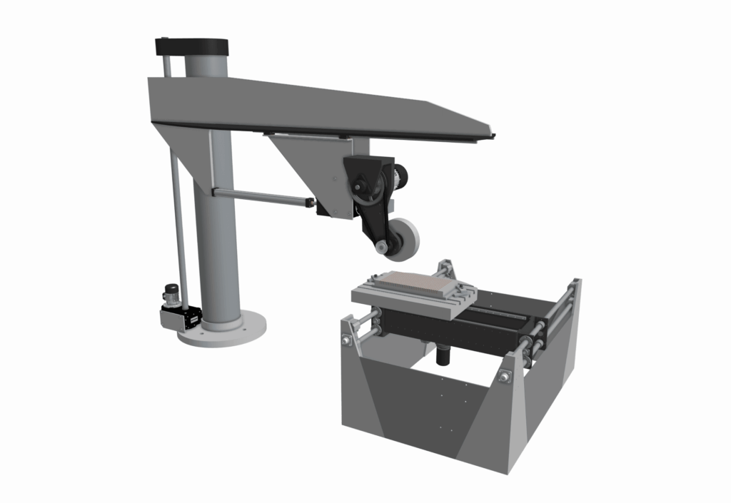 A robotic arm with a grinding wheel positions above a workpiece mounted on a movable platform, likely for automated surface machining or cnc grinding.