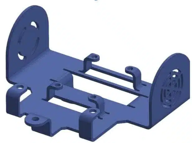 3D model of a flat, rectangular mounting bracket with raised side walls, circular vents, and multiple attachment points.
