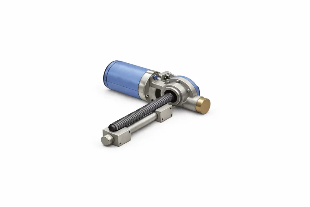 A compact electric linear actuator with a blue motor housing, visible screw mechanism, and metal mounting bracket on a white background.