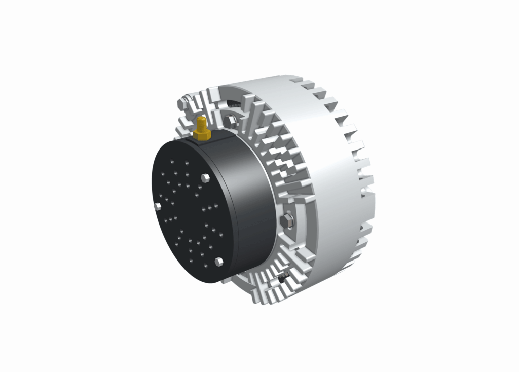 A 3D rendering of an industrial electric motor component, crafted using automotive CNC machining, with a silver finned body and a black circular end cap featuring multiple holes.