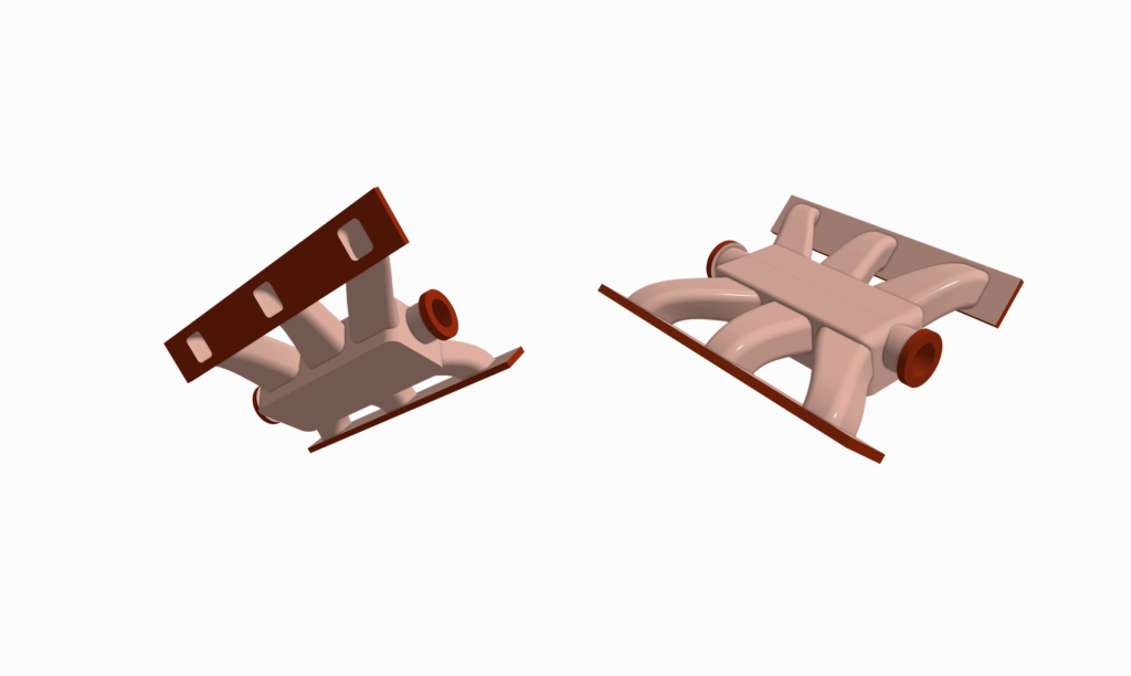 Two identical mechanical components with curved pipes and flat, perforated plates—precision-crafted using automotive CNC machining—are shown from different angles on a white background.