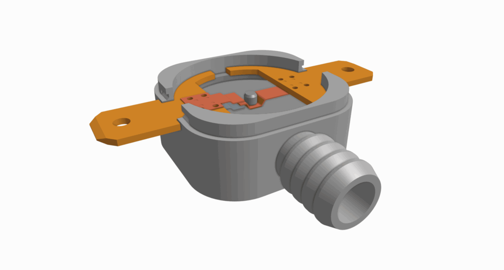 3D rendering of a cutaway view of an automotive sensor, showing internal electronic components, connection terminals, and areas where spot welding ensures secure assembly.