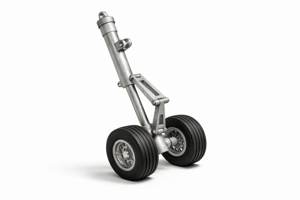 A close-up view of an aircraft landing gear, featuring two black rubber tires and a metal strut assembly crafted with precision automotive CNC machining, isolated on a white background.