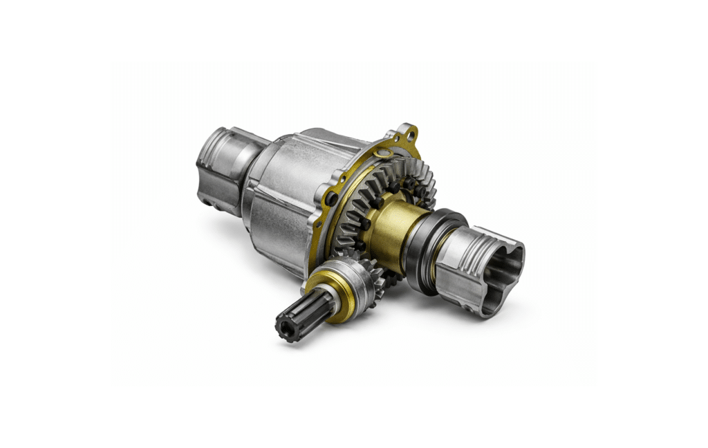 A close-up view of a mechanical gear assembly showcasing metal gears, shafts, and cylindrical components, crafted with automotive CNC machining precision, set against a white background.